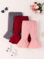 Three Piece Set Of Solid Color Bell Bottoms For Baby Girls