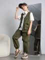 SHEIN Kids EVRYDAY 3pcs/Set Tween Boys' Loose-Fit Casual Round Neck Solid Short Sleeve T-Shirt And Woven Vest Jacket And Jogger Pants