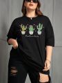 Plus Cactus & Letter Graphic Drop Shoulder Tee