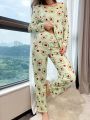 Women's Green Avocado Printed Pajama Set With Round Neckline