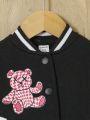 SHEIN Baby Girl Letter & Bear Print Striped Trim Varsity Jacket Without Tee