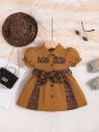 Baby Leopard Print Puff Sleeve Belted Shirt Dress & Hat