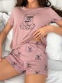 Bear Printed Short Sleeve Top And Shorts Pajamas Set