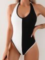 SHEIN Swim Basics Color-Block Halterneck One-Piece Swimsuit