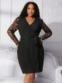 SHEIN CURVE+ Plus Size Wrap Neck Belted Lace Sleeve Midi Dress