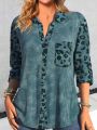 Plus Size Leopard Pattern Pocket Front Lapel Shirt