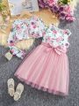 SHEIN Kids FANZEY Tween Girls' Flower Pattern Round Neck Short Jacket And Flower Pattern Mesh Skater Dress Set, 2pcs
