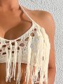 SHEIN Swim BohoFeel Tassel Detail Crochet Halter Neck Cover Up Top (bra Not Included)