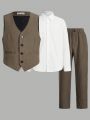 SHEIN Teenage Boys' Casual Comfortable Suit With Long Sleeve Shirt, Slim Vest And Straight Pants