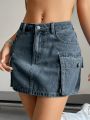 SHEIN EZwear Flap Pocket Side Denim Cargo Skirt