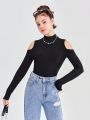 SHEIN 3pcs/set Teen Girls' Knit Ribbed Off Shoulder Mock Neck Long Sleeve T-shirts