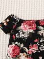 SHEIN Baby Floral Print Off Shoulder Raglan Sleeve Dress