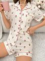 Women's Short Sleeve Top & Shorts Pajama Set With Tulip Printed Collar And Pockets