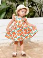 SHEIN Baby Girl's Casual Holiday Floral Pattern Colorblock Bowknot Flutter Sleeve Dress