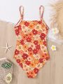 SHEIN Teen Girl's Floral Pattern Ruffled Casual One-Piece Swimsuit With Straps