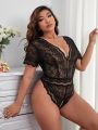 Plus Floral Lace Scallop Trim Plunging Neck Lace Teddy Bodysuit