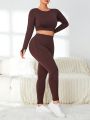 Yoga Basic Plus Size Solid Color Long-Sleeved Top And Trousers Sports Suit