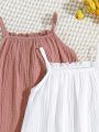 SHEIN Baby Girl Casual Summer Holiday Solid Color Ruffled Strap Dress 2pcs/Set