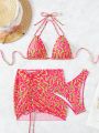 SHEIN Swim Y2GLAM Marble Print Bikini Swimsuit Set + Drawstring Beach Skirt