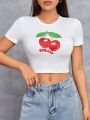 SHEIN PETITE Cherry Graphic Short Sleeve T-shirt