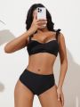 SHEIN Swim Chicsea Solid Color Pleated Strap Swimsuit Set