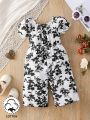 Baby Girls' Casual And Elegant Floral Bubble Sleeve Romper