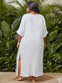 SHEIN Swim Vcay Large Size 1pc V-Neck Batwing Sleeve Slit Side Cover Up Dress