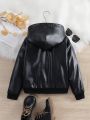 SHEIN Tween Girl Letter Patched Teddy Lined Hooded PU Jacket