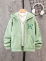 Tween Boy 1pc Letter & Butterfly Print Zip Up Hoodie