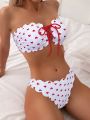 SHEIN Swim Mod Women's Heart Pattern Front Tie Bandeau Bikini Set