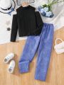 SHEIN Kids HYPEME Junior Girls' Sleeveless Cutout T-shirt And Denim Print Long Pants Set