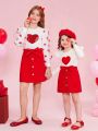 SHEIN Kids FANZEY Girls' Knitted Stand Collar Patchwork Top & Woven Mesh Skirt Set (matched With Sibling Outfits) (2 Sets Sold Separately)