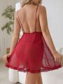 1pc Lace Decorated Sheer Mesh Backless Slip Dress