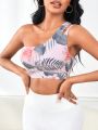 Yoga Floral Women's Floral Print Single Shoulder Hollow Out Sports Bra Top