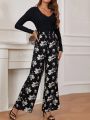 SHEIN Frenchy Women's Solid Color Striped Top & Print Pants Two Piece Set