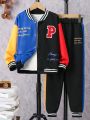 SHEIN Tween Boy 1pc Slogan Graphic Colorblock Varsity Jacket & 1pc Sweatpants