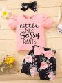 SHEIN Kids SUNSHNE Toddler Girls Letter Graphic Tee & Floral Shorts & Headband