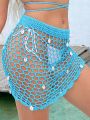 Hollow Out Drawstring Side Crochet Cover Up Skirt Without Bikini Bottom