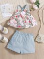 SHEIN Baby Girl Floral Printed Halter Top And Shorts Set