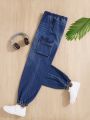 SHEIN Teen Boy's Cargo Denim Pants With Side Pockets, Washed, Elastic Waist, Comfortable Fit, Slim Fit