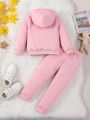 2pcs/Set Toddler Girls' Pink Knitted Jacket With Hooded Top And Casual Pants, Spring & Autumn Outfits