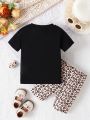 Infant Girls' Simple Cat Pattern Printed T-shirt And Leopard Print Pants Set