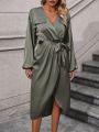 Green Wrap V-neck Lantern Sleeve Maxi Dress