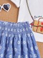 SHEIN Kids QTFun Girls' Knitted Bag & Printed T-shirt & Grid & Floral Skirt 3pcs/set
