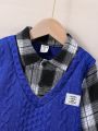 Toddler Boys' Casual Plaid Polo Collar Imitation Two-piece Set For Fall/winter