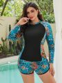 SHEIN Swim Classy Plus Size Tropical Plant Printed Long Sleeve Vest Bikini