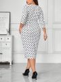 SHEIN Clasi Women's Plus Size Elegant Polka Dot Print Twisted Knot Detail Round Neck Slit Maxi Dress
