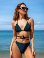 SHEIN Swim BAE Sparkling Triangle Cup Crisscross Tie Knot Bikini Swimsuit Set