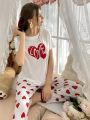 Heart Print Short Sleeve T-Shirt & Pants Home Suit