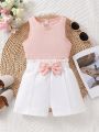 SHEIN Kids EVRYDAY Tween Girls Vest With Bow Decoration And Shorts Set